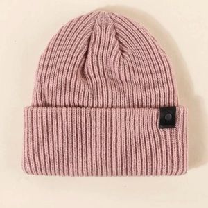 Ribbed Knit Beanie With Snap Button Detail, Dusty Pink